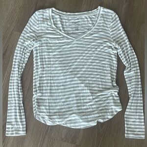 SO Gray and White Striped V-Neck Long Sleeve Top